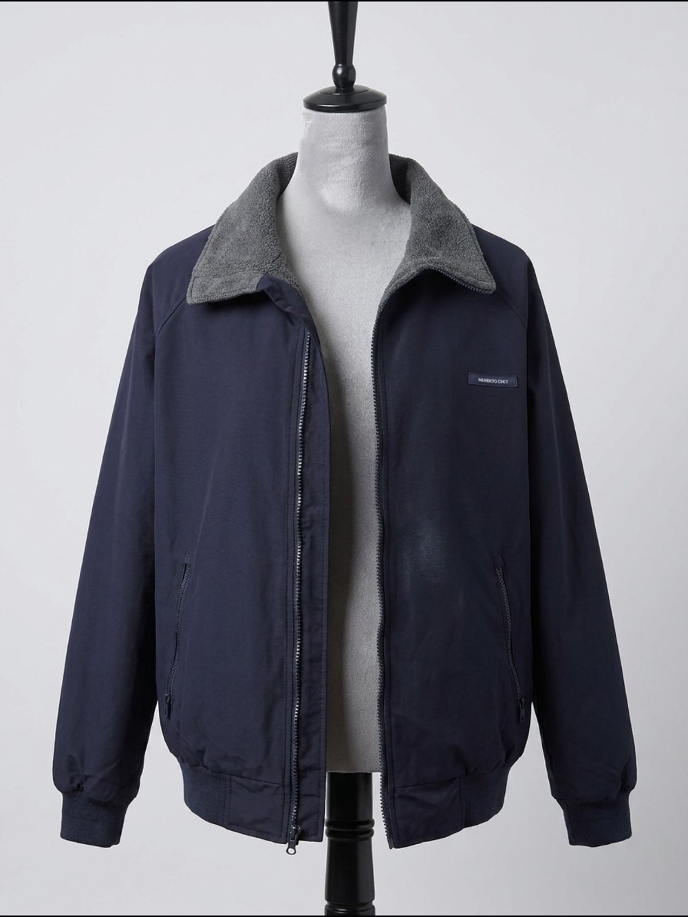 Lands' End Navy Bomber Jacket with Gray Sherpa Collar